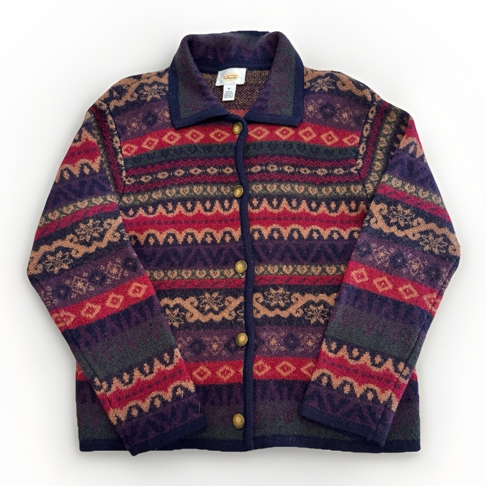 VTG Talbots Women's Southwestern BOHO 100% Wool Cardigan-Med Cabincore Fair Isle